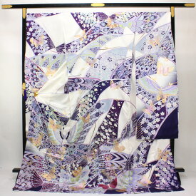 着物 振袖 蝶柄 金彩加工 綸子 紗綾形地紋 未仕立て あすかや [商品番号fs174]