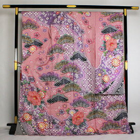 着物 振袖 絞り染 丹後ちりめん 金通し地 紗綾形に花びら地紋 未仕立て あすかや [商品番号fs27]