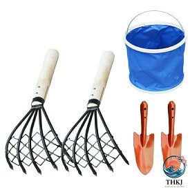 【全品2点で5%OFF】潮干狩りセット 5 点セット 折りたたみバケツ 熊手 貝掘り 貝拾い 砂遊び 家族 親子用