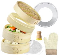 せいろ蒸し器+蒸し板【高さ調整輪+断熱手袋+シート100枚 +ブラシ付】 中華せいろ 竹製 蒸篭 2段 職人手作…