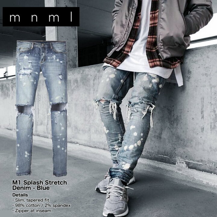 楽天市場】mnml ストレッチ 裾ZIPジップ ダメージクラッシュジーンズ 