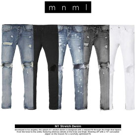 mnml ストレッチ 裾ZIPジップ ダメージクラッシュジーンズ mnml M1 STRETCH DENIM ミニマル デニム パンツ スキニー スリムフィット ストリート系 メンズ 大きいサイズ ブルー ブラック