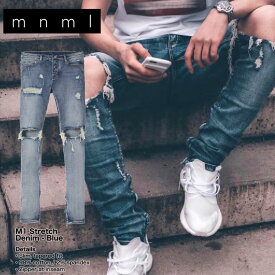 mnml ストレッチ 裾ZIPジップ ダメージクラッシュジーンズ mnml M1 STRETCH DENIM BLUE/ミニマル デニム/クラッシュデニムパンツ/スキニー/スリムフィット/B系/ストリート系メンズファッション