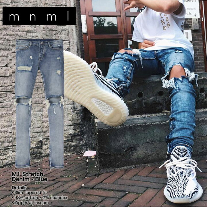 楽天市場 Mnml デニム ダメージクラッシュジーンズ 裾ジップ Zip Mnml ミニマル M1 Stretch Denim Blue クラッシュデニムパンツ スキニー スリム ストリート系メンズファッション ストリート系b系通販 Asylum
