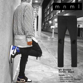 【GW超ポイントバック5倍】mnml ストレッチ 裾ZIPジップ ダメージクラッシュジーンズ mnml M1 STRETCH DENIM BLACK/ミニマル デニム/クラッシュデニムパンツ/スキニー/スリムフィット/B系/ストリート系メンズファッション