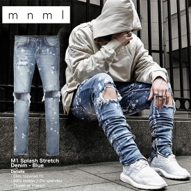 【MAX80%OFF 楽天スーパーSALE！更に限定クーポンで20%OFF】mnml ストレッチ 裾ZIPジップ ダメージクラッシュジーンズ mnml M1 SPLASH STRETCH DENIM /ミニマル デニム/クラッシュデニムパンツ/スキニー/スリムフィット/B系/ストリート系メンズファッション