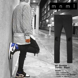 mnml ストレッチ 裾ZIPジップ ダメージクラッシュジーンズ mnml M1 STRETCH DENIM BLACK/ミニマル デニム/クラッシュデニムパンツ/スキニー/スリムフィット/B系/ストリート系メンズファッション