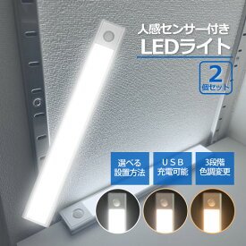 【クーポンあり】人感センサー付き LEDライト 2個セット USB 充電式 ライト センサー 照明 足元 感知式 人感 室内 クローゼット 自動点灯 色調変更