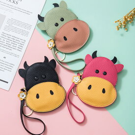 ウシ コインケース メンズ レディース スマートキー 2個 革 本革 パスケース キーホルダー かわいい カード入れ カラビナ 小銭入れ ウォレット ミニ財布 黒 フ゛ラック 牛 ペット