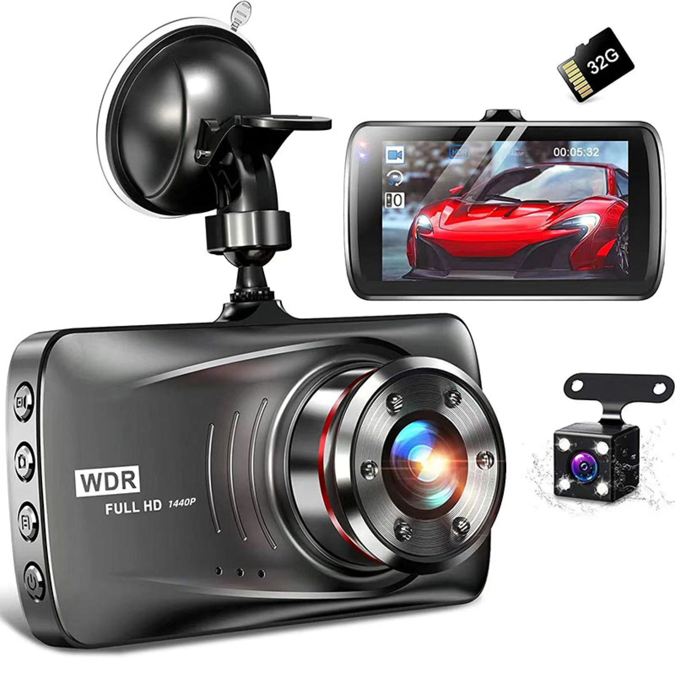 車載ドライブレコーダー 前後カメラ付き フルHD1440P 高画質録画 WDR搭載 32GBカード付属 ループ録画 駐車監視 衝撃検知