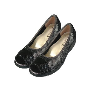 ラックラック空飛ぶパンプス オープントゥ 超軽量 ストレッチ素材 軽い靴 洗えるインソール やわらか素材 履きやすい 上品 春 夏 ブラック 黒 勅使河原郁恵 らっくらっく ラックラック 送料