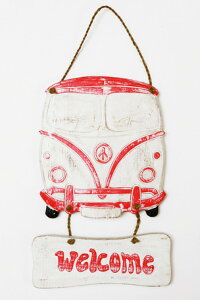 ウエルカムプレート ワーゲンバスwelcome〈レッド〉ハワイアンインテリア/ハワイアン雑貨/ハワイアンハンガー アンティーク調【クリックポスト対応可能】