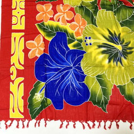 リゾート パレオ レーヨン プルメリア ハイビスカス 〈 オレンジ レッド〉 【送料無料 クリックポスト】 タイ ピンク フラワー ハワイアン雑貨 海 ビーチ プールに 水着 ビキニに インテリア ベッドカバー マルチカバーに