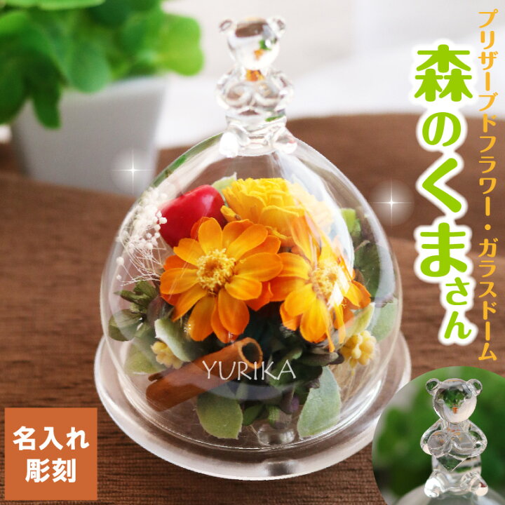 楽天市場 ベアガラスドーム プリザーブドフラワー くまさん 名入れ 名前 ハート 名入れギフト お花 花言葉 プリザ ジニア カスミ草 ソラフラワー シナモン りんご 誕生日 結婚祝い 新築祝い インテリア 女子 森のくまさん 可愛い 記念屋 Atelier Ryokuei