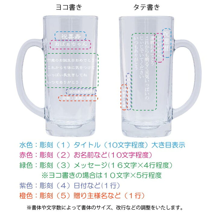 楽天市場 名入れ 長文彫刻 ビールジョッキ 435ml 誕生日 還暦 父の日 母の日 敬老の日 退職祝い 記念屋 Atelier Ryokuei