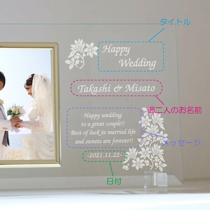 楽天市場 名入れ フォトフレーム 結婚 結婚祝い ウェディング ガラスフォトフレーム 平面写真タテ型 Wedding 記念屋 Atelier Ryokuei