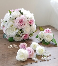 *misuzu*リアル！上質な薔薇(バラ)ホワイトxピンクのラウンドブーケ3点セット　・海外挙式・リゾ婚　ブライダル　前撮り　ガーデンローズ　092