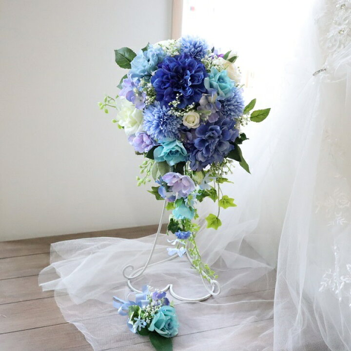 楽天市場】ロイヤルブルーのキャスケードブーケ 結婚式 ウェディング 