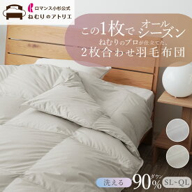 この1枚でオールシーズン 自宅で洗える 2枚合わせ 羽毛布団 ウォッシャブル シングル セミダブル ダブル クイーン ダウン90％ 日本製 1.1kg DP370 冬用 暖かい 春 夏 秋 冬 年中 年間 肌掛け 合い掛け 布団