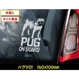 【 パグ V01】 スモークウインドウ に映える カーステッカー シールタイプ シール 外張り 外貼り 160×100mm ホワイト印字 白色印字 黒い ボディ にも 小型犬 中国 Pug 【送料無料】