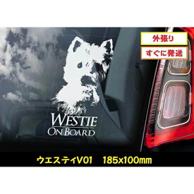 【 ウエスティ V01】 スモークウインドウ に映える カーステッカー シールタイプ シール 外張り 外貼り 185×100mm ホワイト印字 白色印字 黒い ボディ にも Westie 小型犬 イギリス West Highland White Terrier 【送料無料】