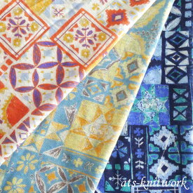 リネン天竺プリント ニット生地　モザイク フラワー ジャージー カットソー 麻