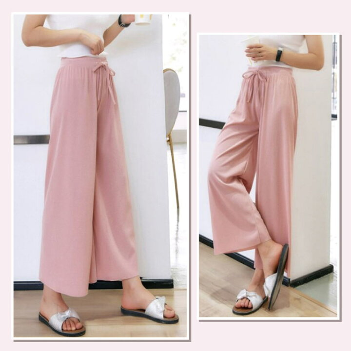楽天市場 ワイドパンツ レディース 大人 ボトムス ガウチョパンツ 無地 ロング丈 ウエストゴム フレアパンツ 速乾 きれいめ 春 夏 秋 涼しい オフィス ゆったり ブラック ピンク ベージュ Amitumi Fashion