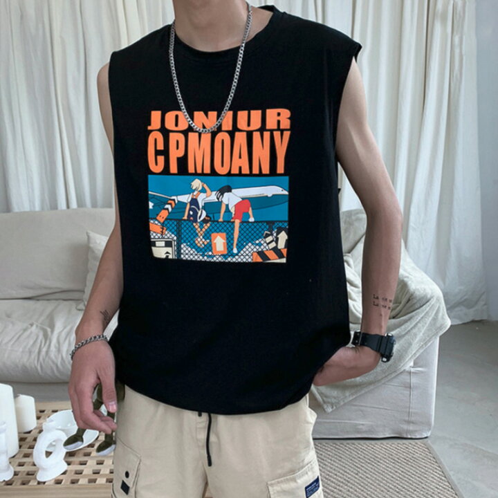 楽天市場 Tシャツ ノースリーブ メンズ カットオフ ノースリーブ Tシャツ プリント スウェット 袖なし アメカジ Uネック 柄 白 ブラック 黒 インナー トップス カジュアル インナーシャツ 半袖 タンクトップ ティーシャツ メンズファッション リゾート 春 夏 男性