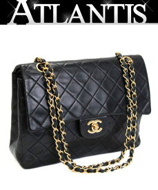 シャネル CHANEL マトラッセ25 ダブルフラップ チェーンショルダーバッグ 黒 ラム 縦長 1番台 【72216】