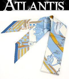 【広尾店】エルメス HERMES ツイリー Brides et Gris-Gris 馬勒とチャーム 水色系 マルチカラー シルク100% 【17690】