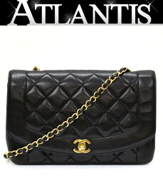 シャネル CHANEL ダイアナ25 マトラッセ チェーンショルダーバッグ ラムスキン 黒 G金具 2番台 【72510】