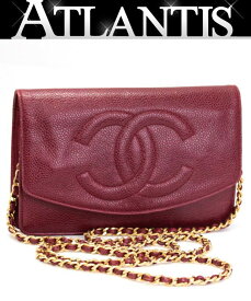 シャネル CHANEL ヴィンテージ ココマークチェーンウォレット キャビアスキン ボルドー G金具 3番台 【72518】