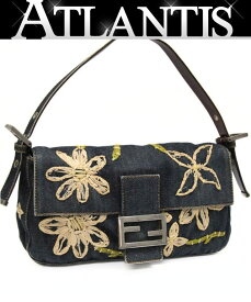 フェンディ FENDI マンマバケット ショルダーバッグ フラワー デニム ネイビー 【72876】