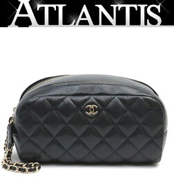【広尾店】未使用品 シャネル CHANEL マトラッセ チェーン付きポーチ キャビアスキン 黒 G金具 ランダムシリアル 【18054】