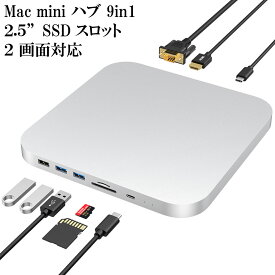 Mac mini ドッキングステーション ( 9in1 TypeC ハブ ) シルバー 2画面対応 / 2.5インチ SATA接続 SSD / HHD スロット (外付け SSD ケース ) / TypeA USB3.0 TypeC USB3.1 SD/TF microSD カードリーダー HDMI VGA(D-sub)