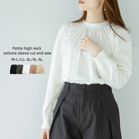プチハイネックボリュームスリーブカットソー レディース 大きいサイズ M L LL 3L 4L5L 黒 白 グレー ベージュ ココア レビュー特典あり