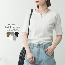キーネック コットン 5分袖 トップス 半袖 半端袖 Tシャツ カットソー 綿100％ レディース 大きいサイズ レビュー特典あり