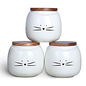 【中古】【輸入品・未使用】Koolkatkoo セラミック猫ホワイトキャニスターセット コーヒー 紅茶 砂糖 食品ストレージ 竹製蓋付き キッチンキャニスター ラウンド 3個セット