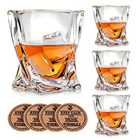 【中古】【輸入品・未使用】Twist Whiskey Glasses - Set of 4 - by Vaci + 4 Drink Coasters Ultra Clarity Crystal Scotch Glass Malt or Bourbon Glassware Gift Set