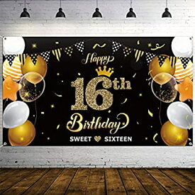【中古】【輸入品・未使用】WATINC Happy 16歳の誕生日 背景バナー スイートシックスティーン 背景バナー 78インチ x 45インチ 特大背景 バルーン ブラックゴールド パーテ