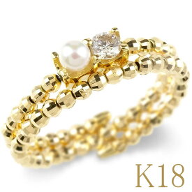 【あす楽】18金 リング k18 フリーサイズ 2連 指輪 シンプル ダイヤモンド パール 形状記憶 ゴールド18k K18 イエローゴールドk18 ミラーボール あこや真珠 ファッションリング ジュエリー 記念日 大人 おしゃれ 人気