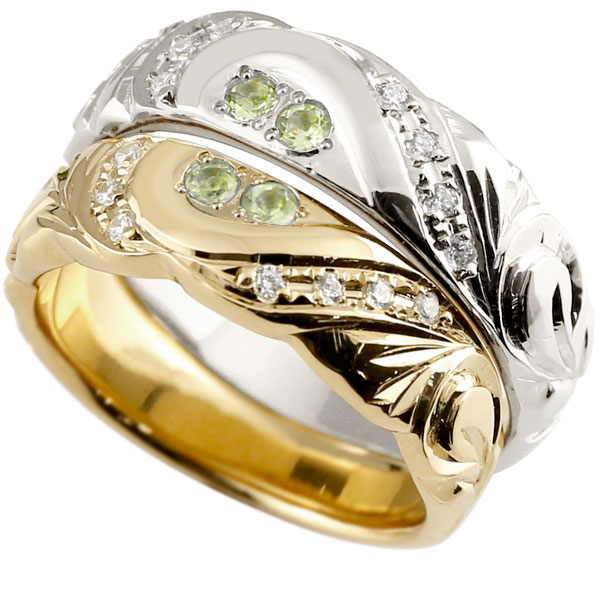 永遠に輝き続ける深彫りのハワイアンジュエリー セール 登場から人気沸騰 送料無料 ペアリング [並行輸入品] 結婚指輪 ハワイアンジュエリー ペリドット ダイヤモンド イエローゴールドk18 ハート 幅広 の ホワイトゴールドk18 マリッジリング 18金 2個セット 指輪