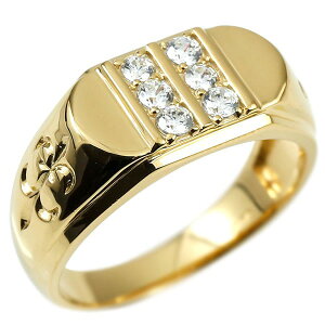 18金 印台 ゴールド リング メンズ ダイヤモンド 指輪 イエローゴールドK18 ユリ花 幅広 18k 太め シグネットリング ダイヤ ピンキーリングフルール・ド・リス 人気 男性 シンプル ファッショ