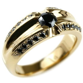 18金 ゴールド リング メンズ ブラックダイヤモンド 指輪 イエローゴールドK18 幅広 太め ブラックダイヤ一粒 大粒 人気 男性18k シンプル ファッションリング