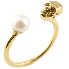 10金 リング ドクロ パール ピンキーリング 指輪 真珠 フォーマル イエローゴールドk10 髑髏スカル 男女兼用 人気