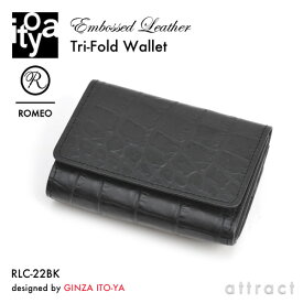 伊東屋 ITO-YA 銀座 伊東屋 イトーヤ ROMEO ロメオ RLC-22BK Embossed Leather クロコ型押しシリーズ Tri-Fold Wallet 三つ折り財布 小銭入れ カラー：ブラック 牛革 レザー 本革 エンボス加工