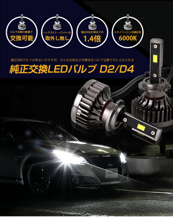 楽天市場 お買い物マラソン爆割クーポン Led ヘッドライト D2 D4 純正交換 Ledバルブ 明るさアップ 視認性up 安全性up 雨対策に D4s D4r D2s D2r 車検対応 1年保証 2 Auto Shop ユアーズ