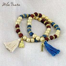 80%OFF │ スペシャル セール │ BLEE INARA / ブリーイナラ ブレスレット RED AND BLUE WITH GOLD BEADS BRACELET WITH FISH AND TASSEL
