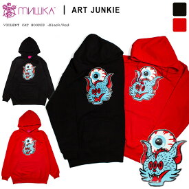 ['22秋冬新作]MISHKA x ART JUNKIE USライン ミシカ x アートジャンキー 限定コラボ "VIOLENT CAT" 裏毛パイル プルオーバーパーカー / 黒 赤 / MISHKA x ART JUNKIE VIOLENT CAT HOODIE (BLACK/RED/MFB-1HO)