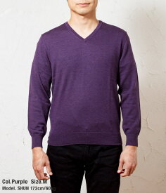 【スーパーSALE 半額】Vieste メンズ ウール100% Vネック薄手 パープル長袖セーター[洗濯機で洗える]/ジャケットのインナーとしてもおススメ/ V-neck L/S sweater